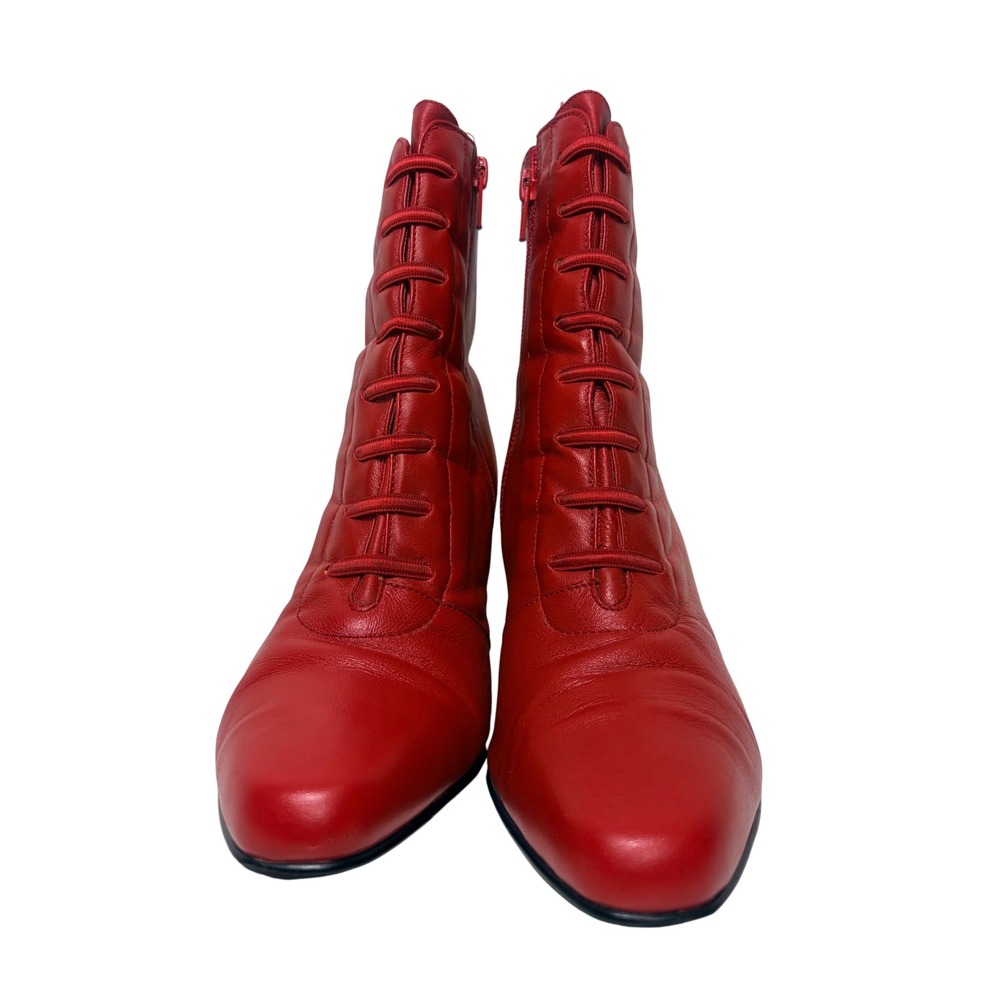 Amanda Smith Vintage Women Red Leather Victorian Lace Up Kitten Heel Ankle Boots